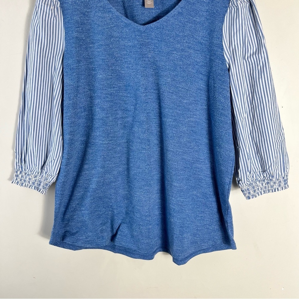 Chico’s Women’s Blue Mixed Media Top Shirt Size Medium Bubble Sleeve Peasant - Picture 4 of 10
